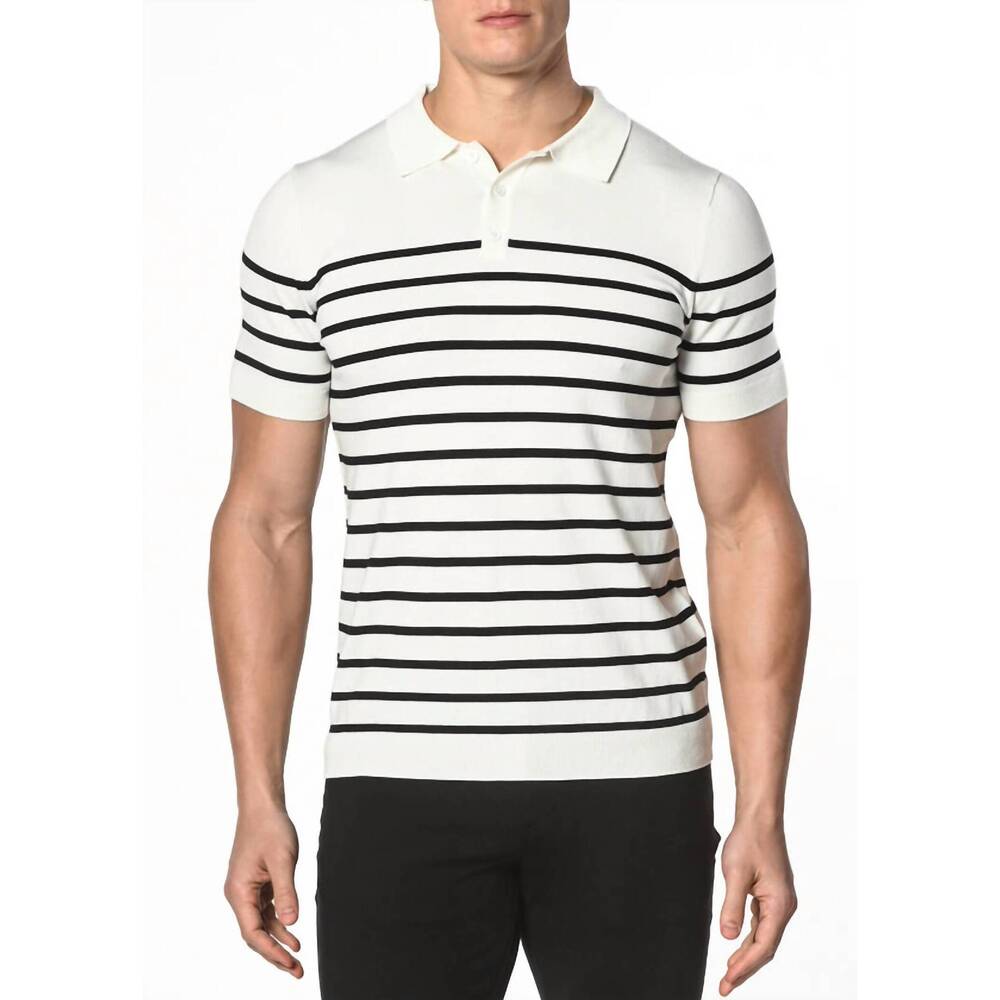 NEW POSTMARC button stripe knit polo top in navy